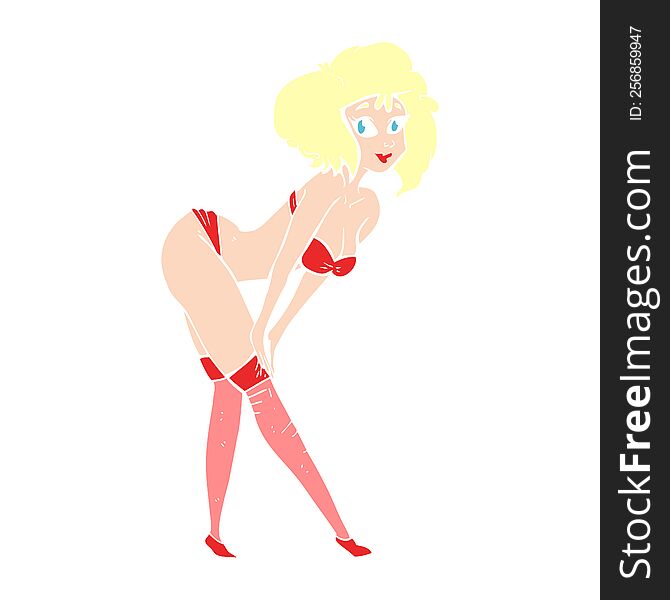 Flat Color Illustration Of A Cartoon Pin Up Girl Putting On Stockings