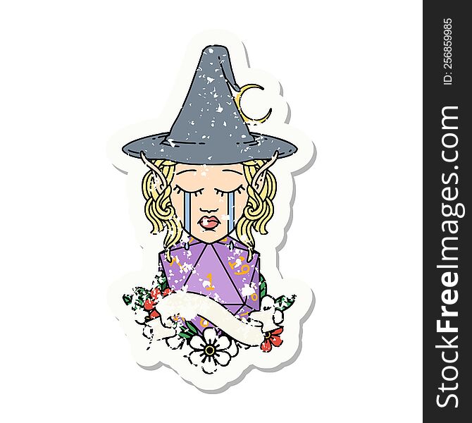 grunge sticker of a crying elf mage character face with natural one D20 roll. grunge sticker of a crying elf mage character face with natural one D20 roll