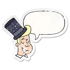 Cartoon Man Wearing Top Hat And Speech Bubble Distressed Sticker Stock Photo