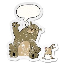 Cartoon Bear And Rabbit Friends And Speech Bubble Distressed Sticker Stock Photography