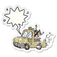 Cartoon Old Truck Full Of Junk And Speech Bubble Distressed Sticker Royalty Free Stock Photography