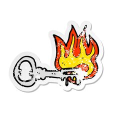 Retro Distressed Sticker Of A Cartoon Flaming Key Stock Photo