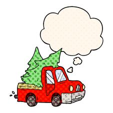 Cartoon Pickup Truck Carrying Trees And Thought Bubble In Comic Book Style Royalty Free Stock Image