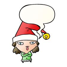 Cartoon Girl Wearing Christmas Hat And Speech Bubble In Smooth Gradient Style Stock Photography Cartoon Girl Wearing Christmas Hat And Speech Bubble In Smooth Gradient Style Stock Photography