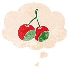 Cartoon Cherries And Thought Bubble In Retro Textured Style Stock Image