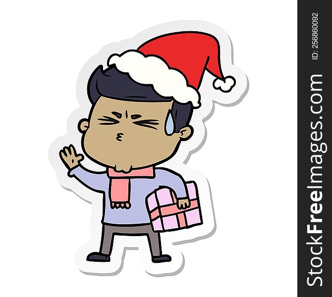hand drawn sticker cartoon of a man sweating wearing santa hat