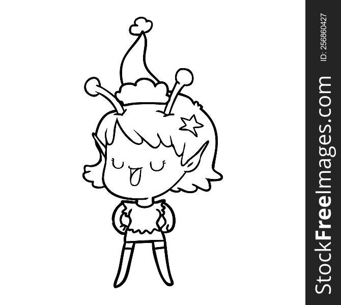 Happy Alien Girl Line Drawing Of A Wearing Santa Hat