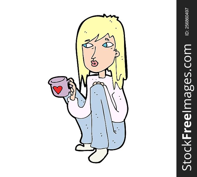 cartoon woman sitting with cup of coffee