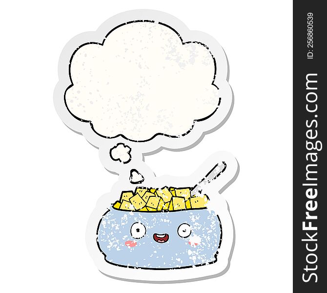 cute cartoon bowl of sugar with thought bubble as a distressed worn sticker