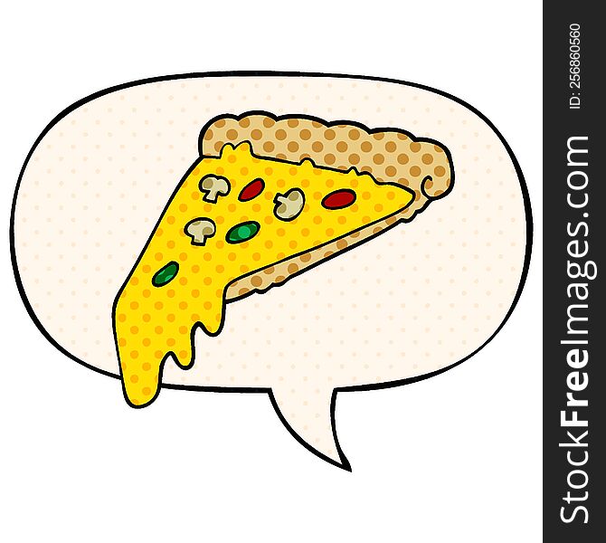 Cartoon Pizza Slice And Speech Bubble In Comic Book Style