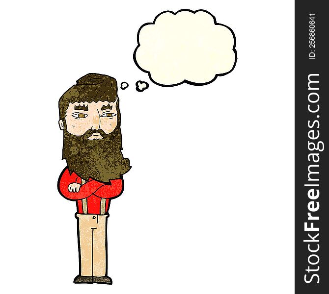 cartoon serious man with beard with thought bubble