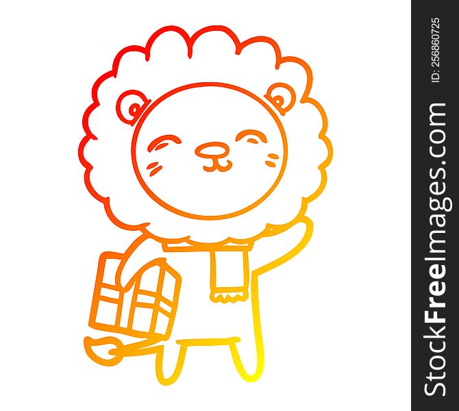 warm gradient line drawing of a cartoon lion with christmas present