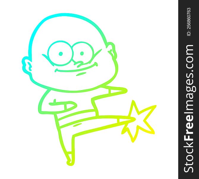 cold gradient line drawing of a cartoon bald man karate kicking