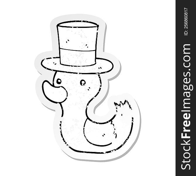 distressed sticker of a cartoon duck wearing top hat
