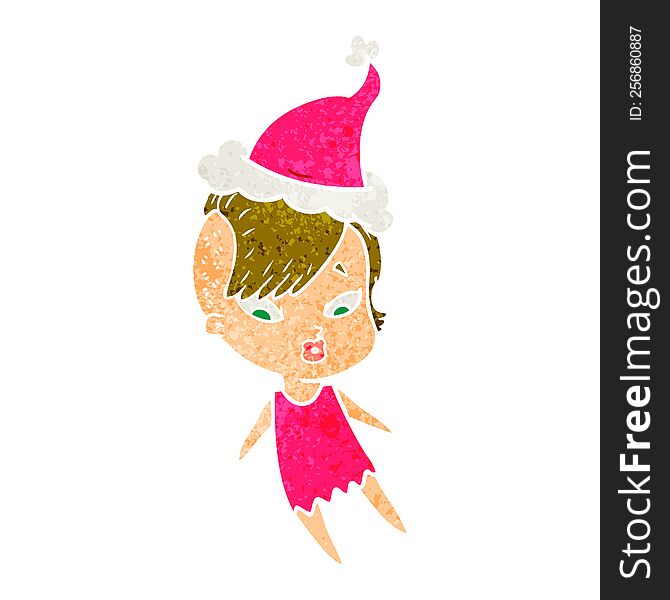 hand drawn retro cartoon of a surprised girl wearing santa hat