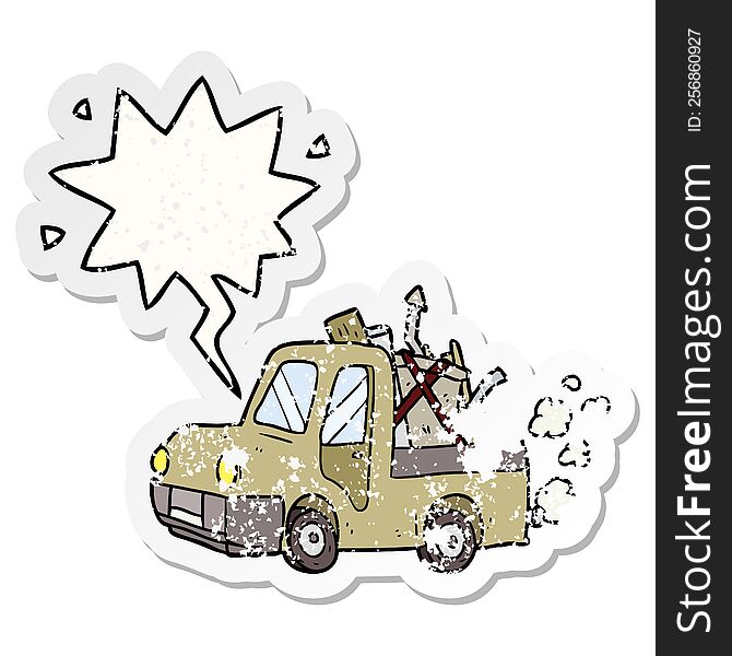 cartoon old truck full of junk with speech bubble distressed distressed old sticker. cartoon old truck full of junk with speech bubble distressed distressed old sticker