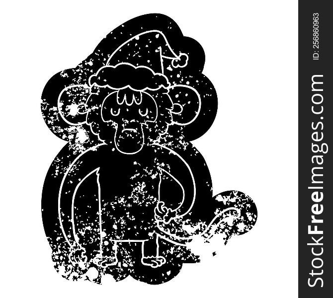 Cartoon Distressed Icon Of A Monkey Scratching Wearing Santa Hat