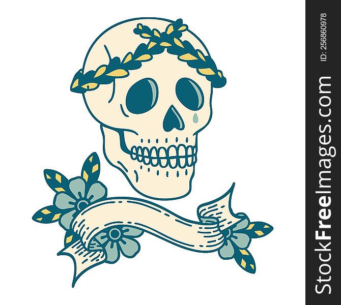 Tattoo With Banner Of A Skull With Laurel Wreath Crown