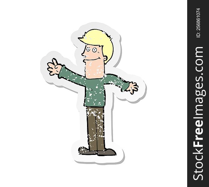 Retro Distressed Sticker Of A Cartoon Happy Man Waving