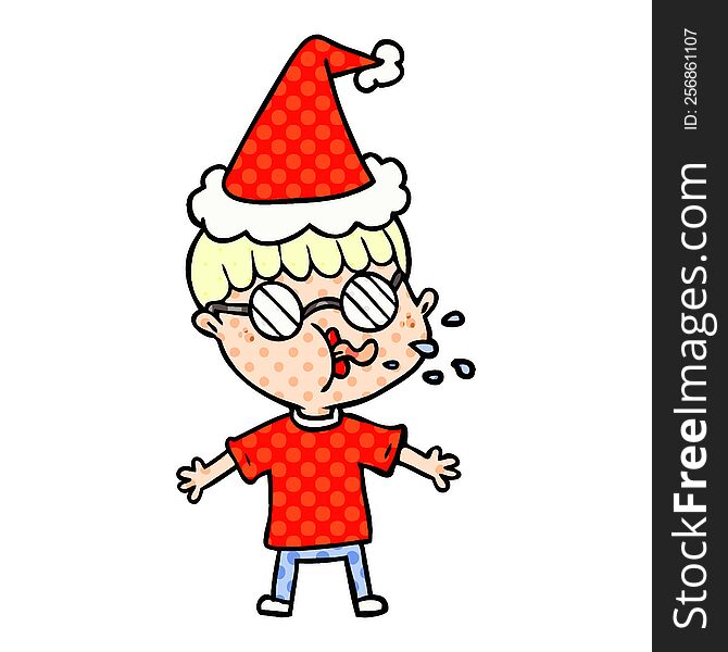 hand drawn comic book style illustration of a boy wearing spectacles wearing santa hat