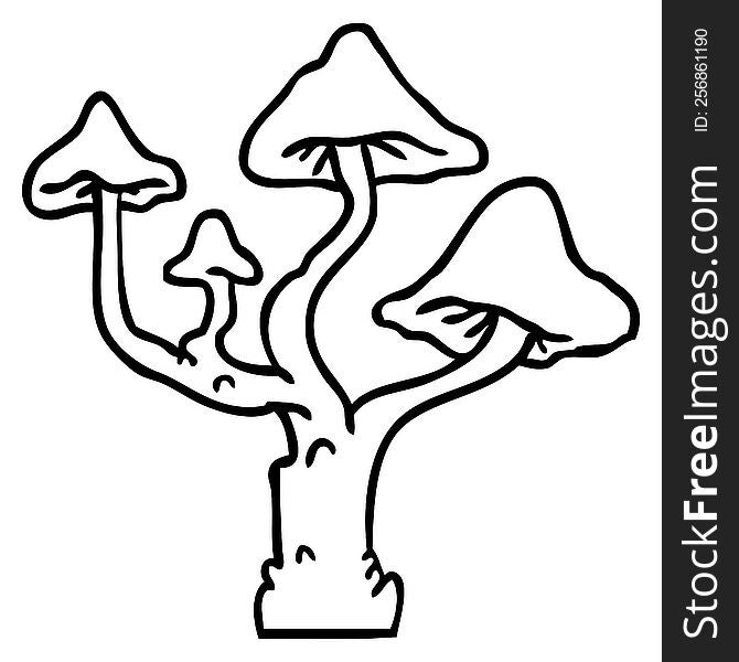 Line Drawing Doodle Of Growing Mushrooms