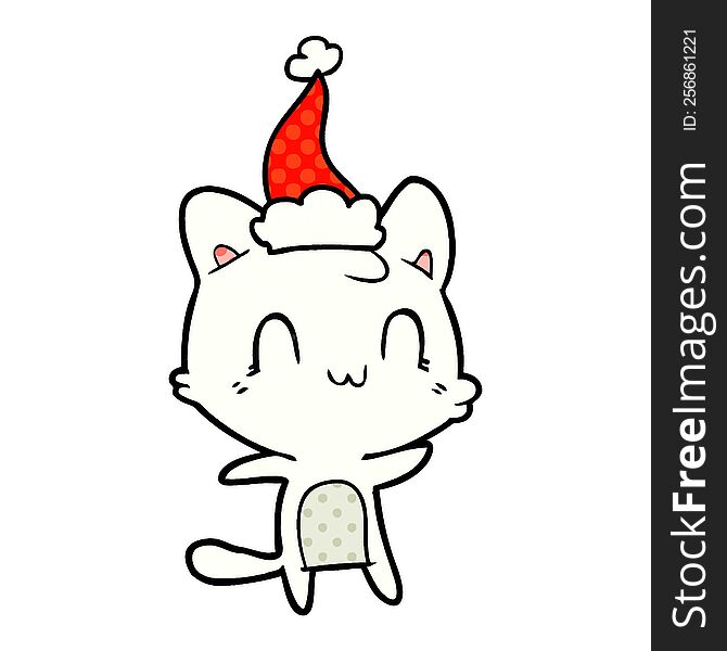 hand drawn comic book style illustration of a happy cat wearing santa hat