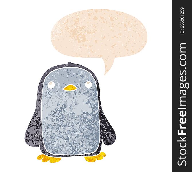 cute cartoon penguin with speech bubble in grunge distressed retro textured style. cute cartoon penguin with speech bubble in grunge distressed retro textured style