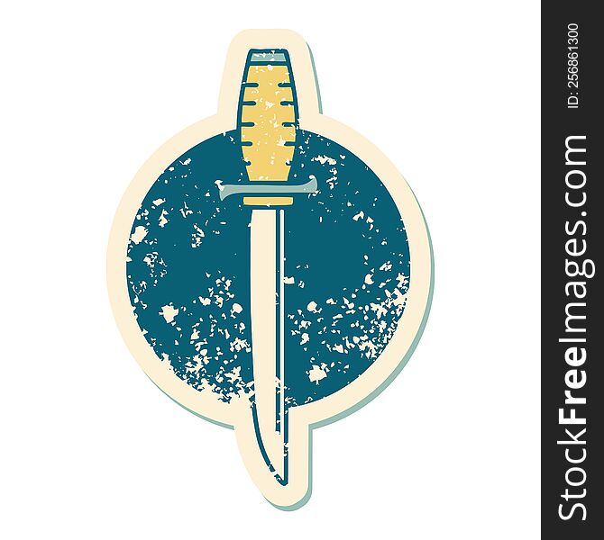 Distressed Sticker Tattoo Style Icon Of A Dagger
