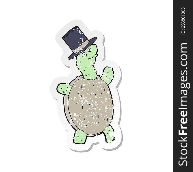 retro distressed sticker of a cartoon turtle in top hat