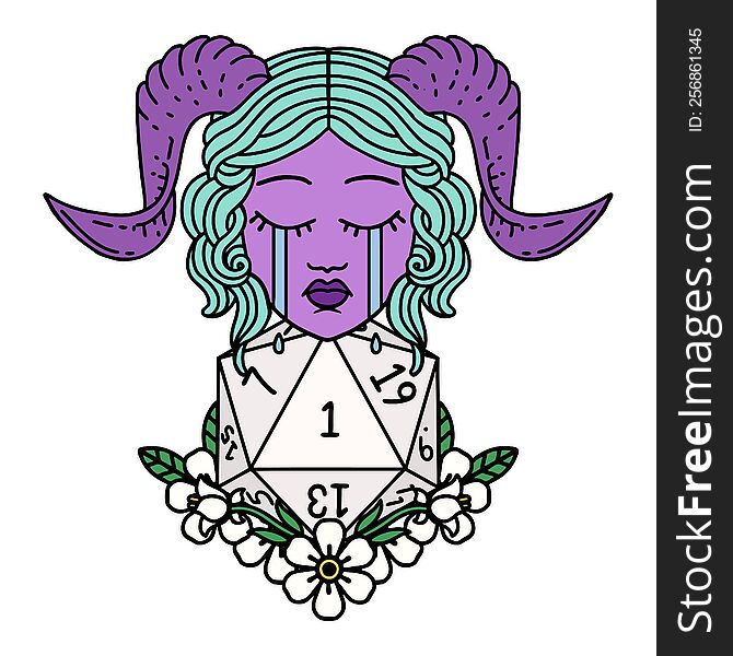 Retro Tattoo Style crying tiefling with natural one D20 dice roll. Retro Tattoo Style crying tiefling with natural one D20 dice roll