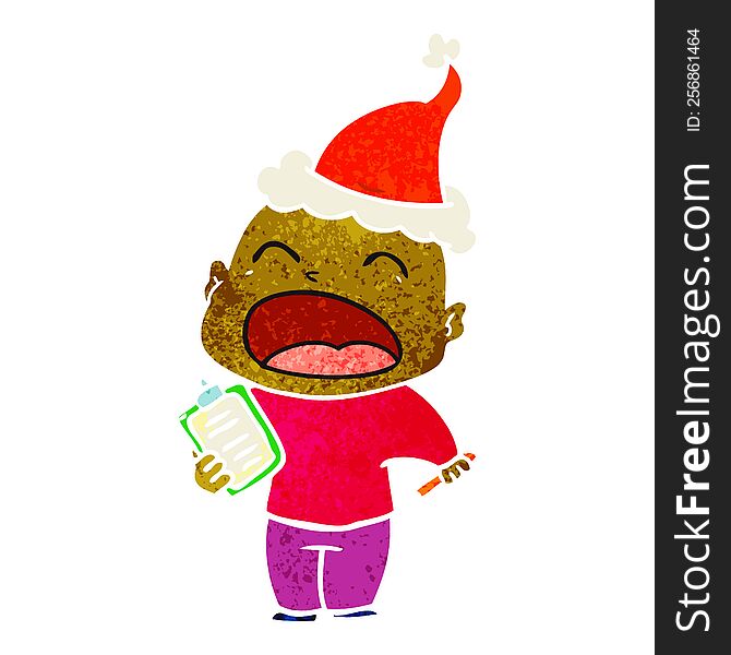 Retro Cartoon Of A Shouting Bald Man Wearing Santa Hat