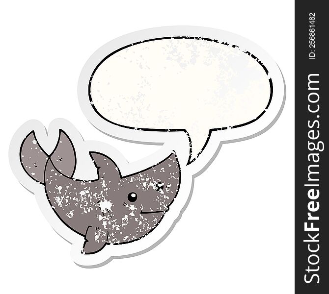 cartoon shark with speech bubble distressed distressed old sticker. cartoon shark with speech bubble distressed distressed old sticker