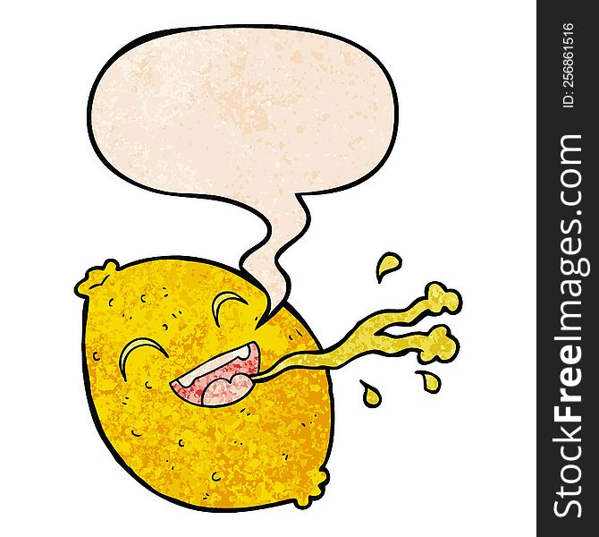 Cartoon Squirting Lemon And Speech Bubble In Retro Texture Style