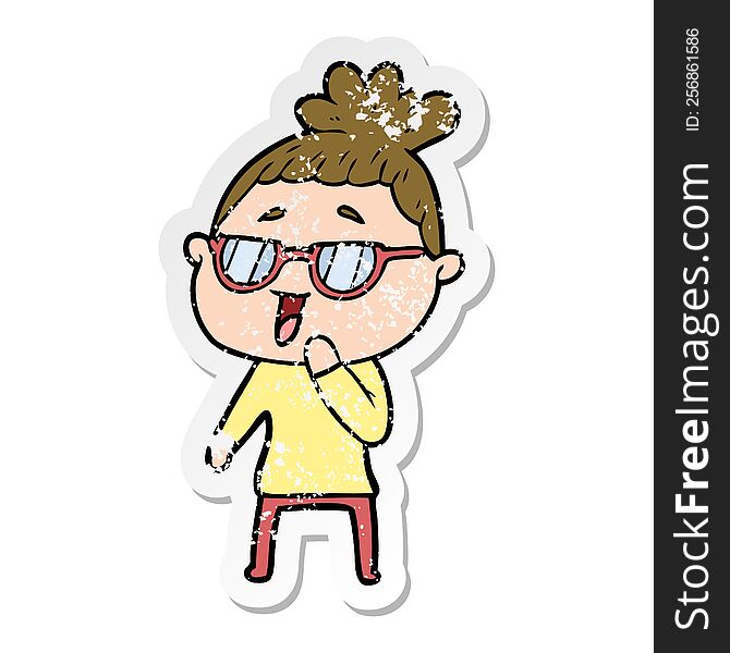 Distressed Sticker Of A Cartoon Happy Woman Wearing Spectacles