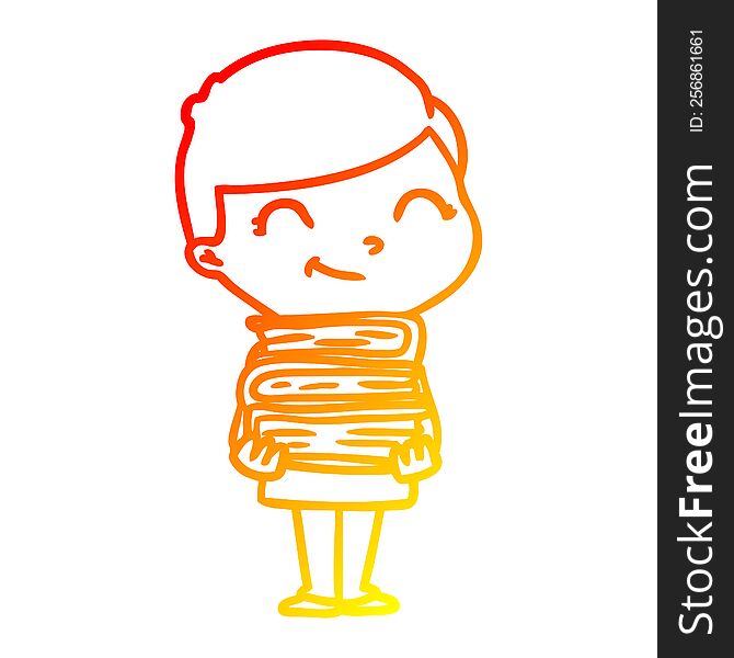 warm gradient line drawing of a cartoon boy with books smiling