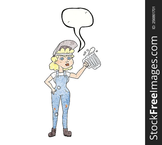 Speech Bubble Textured Cartoon Hard Working Woman With Beer