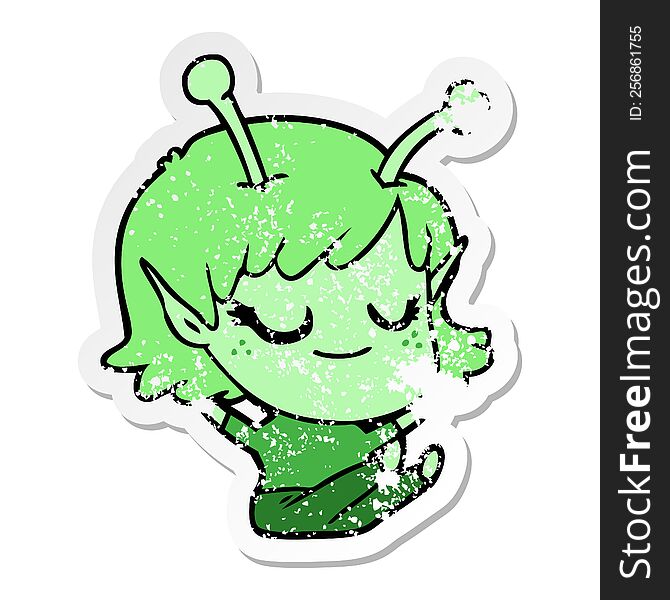 distressed sticker of a smiling alien girl cartoon sitting