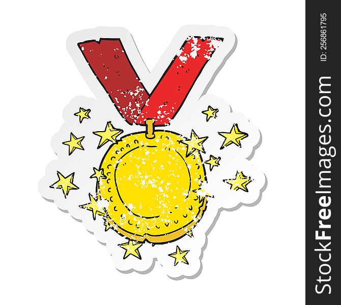 Retro Distressed Sticker Of A Cartoon Sparkling Gold Medal