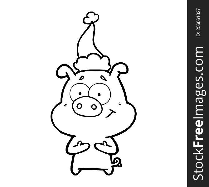 Happy Line Drawing Of A Pig Wearing Santa Hat