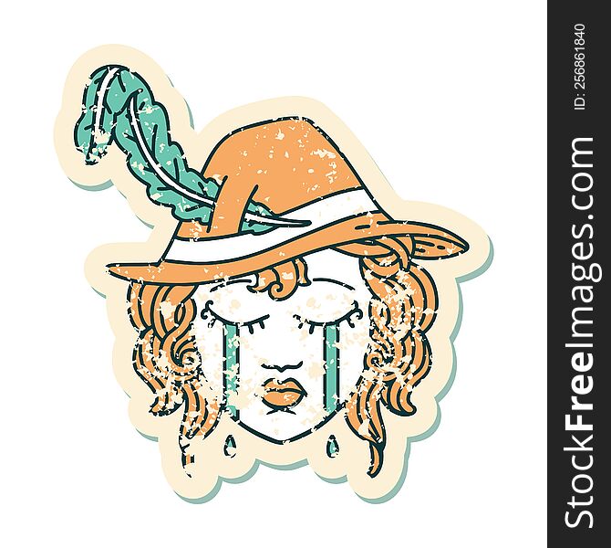 grunge sticker of a crying human bard. grunge sticker of a crying human bard