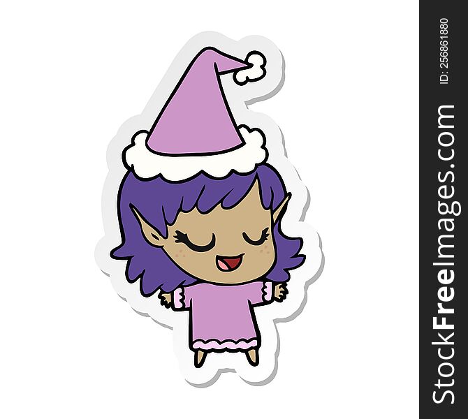 happy hand drawn sticker cartoon of a elf girl wearing santa hat. happy hand drawn sticker cartoon of a elf girl wearing santa hat