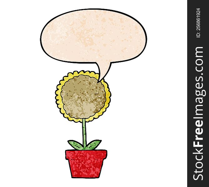 cute cartoon flower with speech bubble in retro texture style