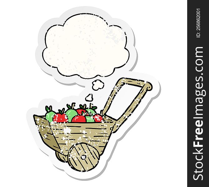 cartoon apple cart with thought bubble as a distressed worn sticker