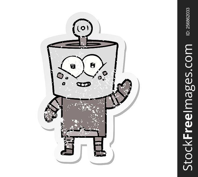 distressed sticker of a happy cartoon robot waving hello