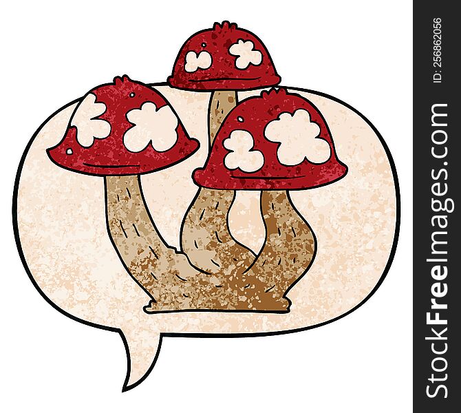 cartoon mushrooms with speech bubble in retro texture style