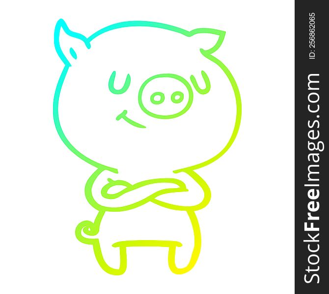 Cold Gradient Line Drawing Happy Cartoon Pig With Crossed Arms