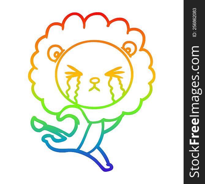 rainbow gradient line drawing of a cartoon crying lion running away