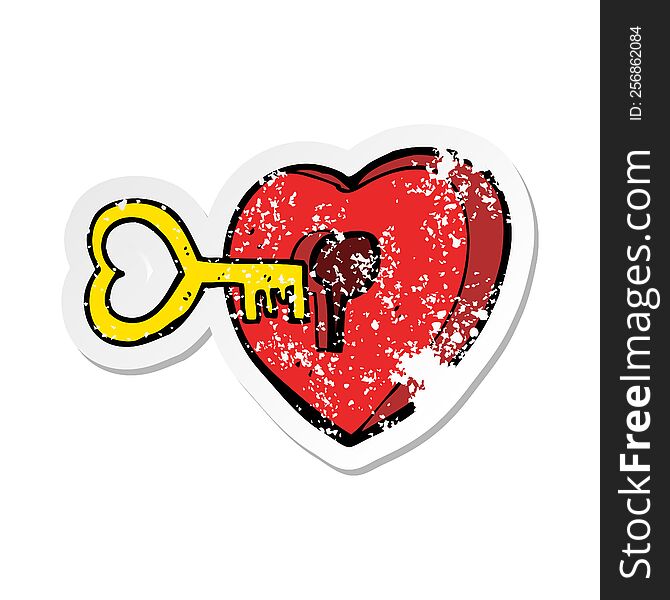 Retro Distressed Sticker Of A Cartoon Heart With Key