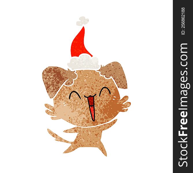 Happy Little Dog Retro Cartoon Of A Wearing Santa Hat
