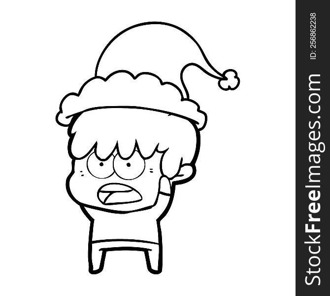 worried hand drawn line drawing of a boy wearing santa hat. worried hand drawn line drawing of a boy wearing santa hat